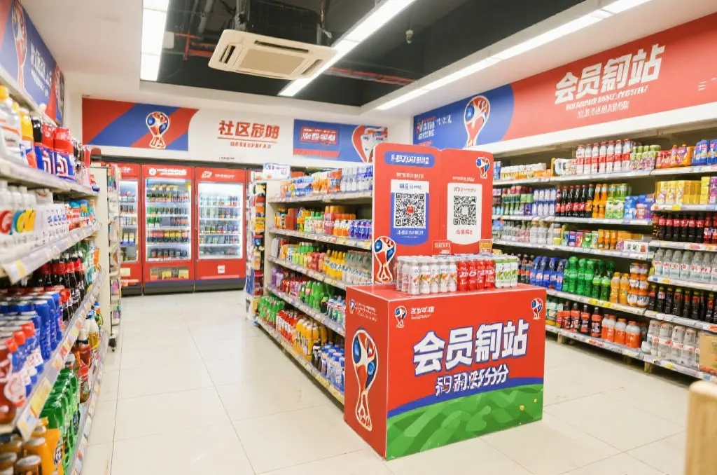 超市门店内的世界杯主题补给站,会员扫码参与抽奖与积分兑换