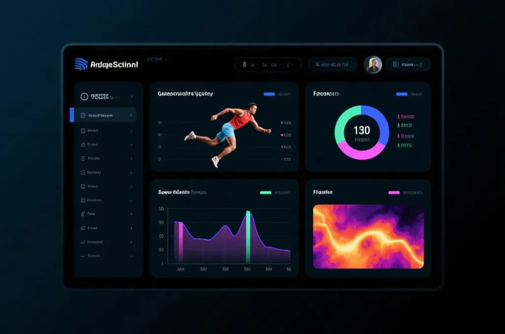 A modern sports science analytics dashboard showing generic athlete performance metrics